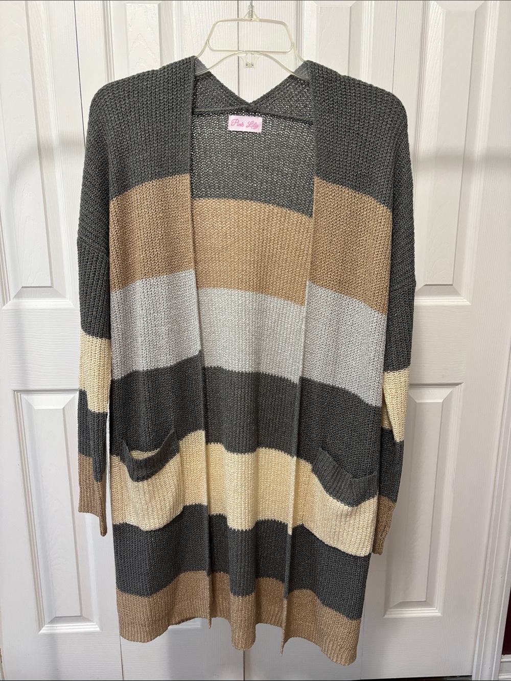 Pink Lily Gray, Tan & Cream Striped Open Cardigan